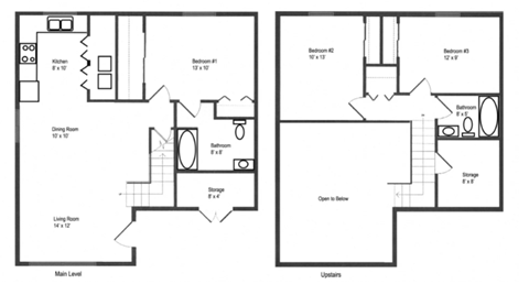 Floor plan for 3 beds, 2 baths, 1300 sqft